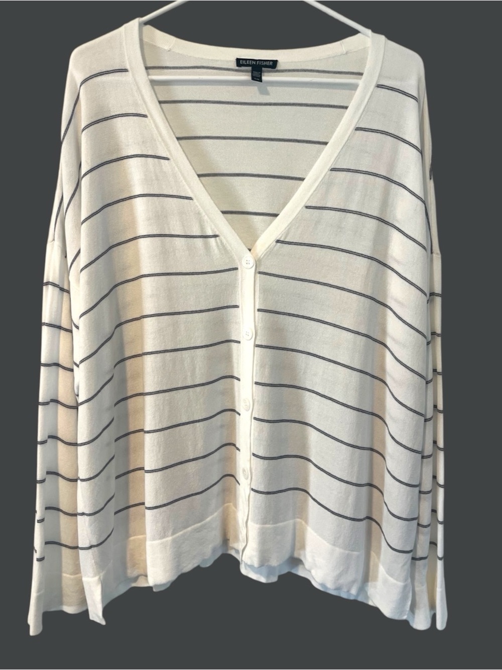 Eileen Fisher White and Black Striped V-Button-Front Cardigan Size L